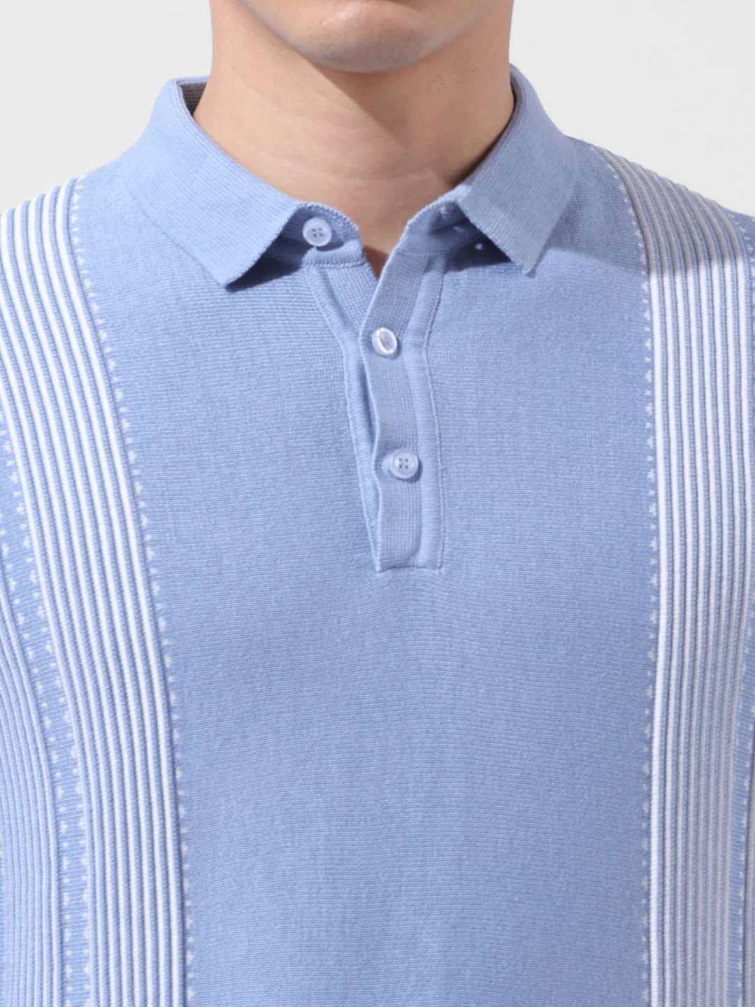 Men's Blue Slim Fit Striped Flat Knit T-Shirt - Image 3