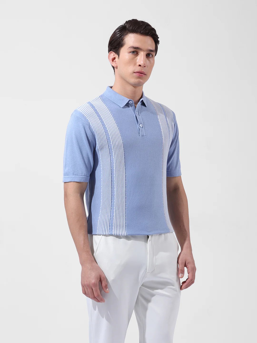Men's Blue Slim Fit Striped Flat Knit T-Shirt - Image 4