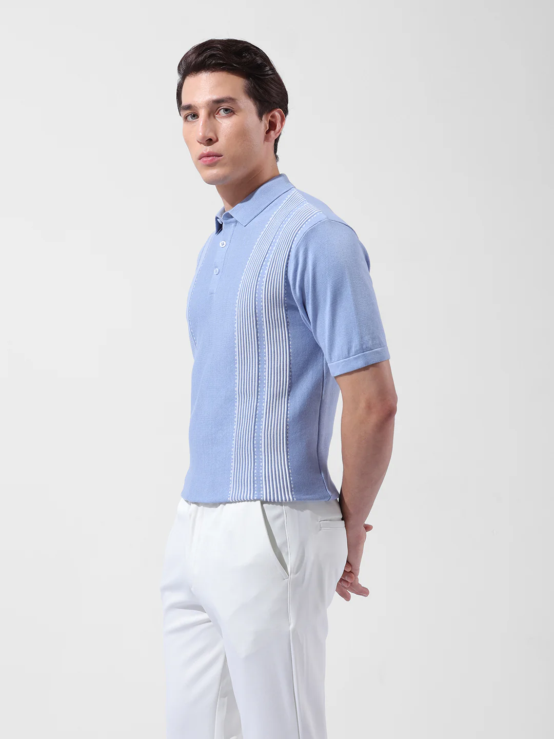Men's Blue Slim Fit Striped Flat Knit T-Shirt - Image 5