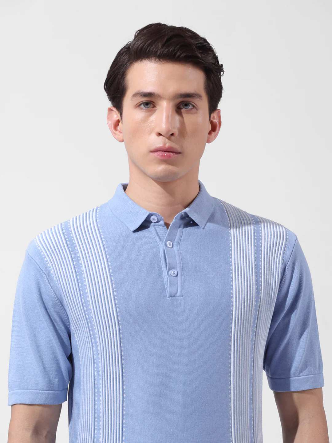 Men's Blue Slim Fit Striped Flat Knit T-Shirt - Image 6