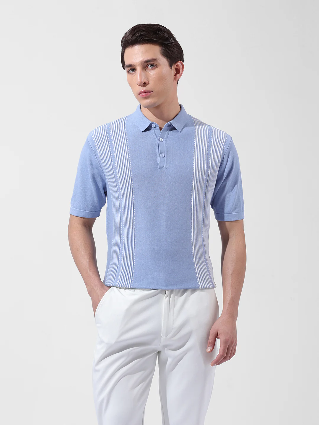 Men's Blue Slim Fit Striped Flat Knit T-Shirt - Image 7