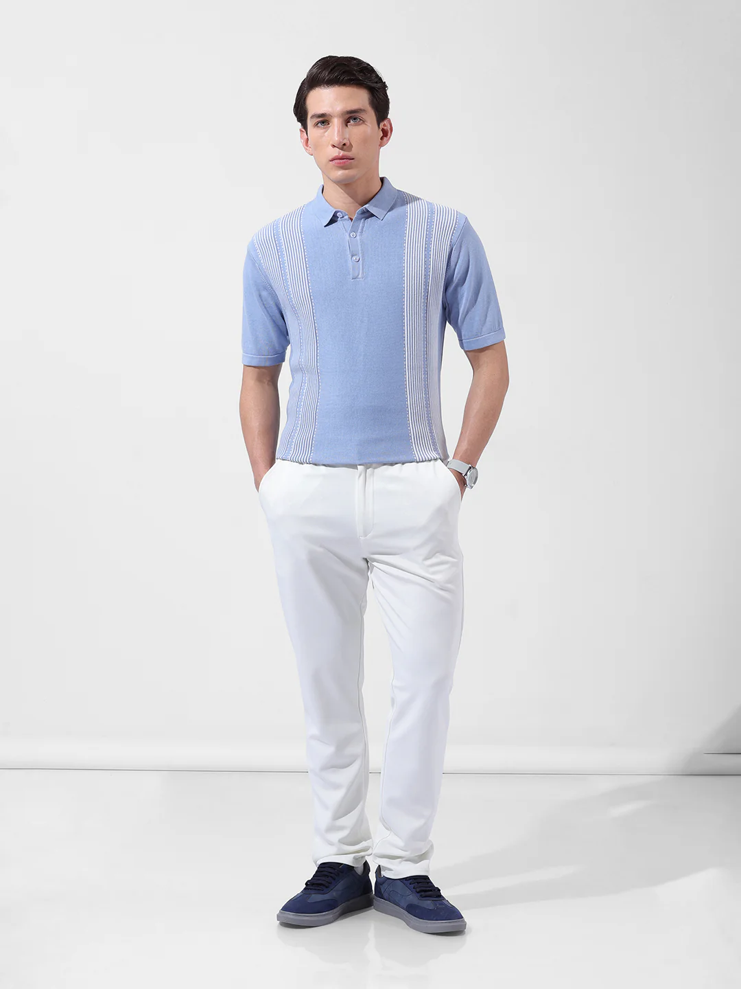 Men's Blue Slim Fit Striped Flat Knit T-Shirt - Image 8