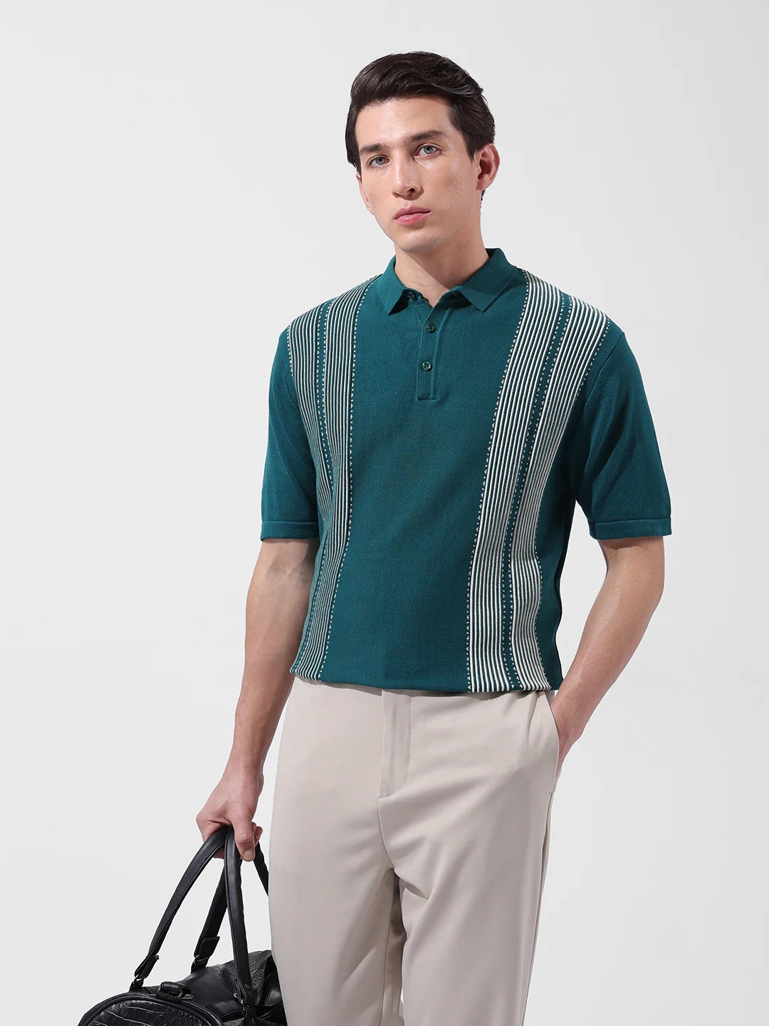 Men's Teal Slim Fit Striped Flat Knit T-Shirt - Image 2