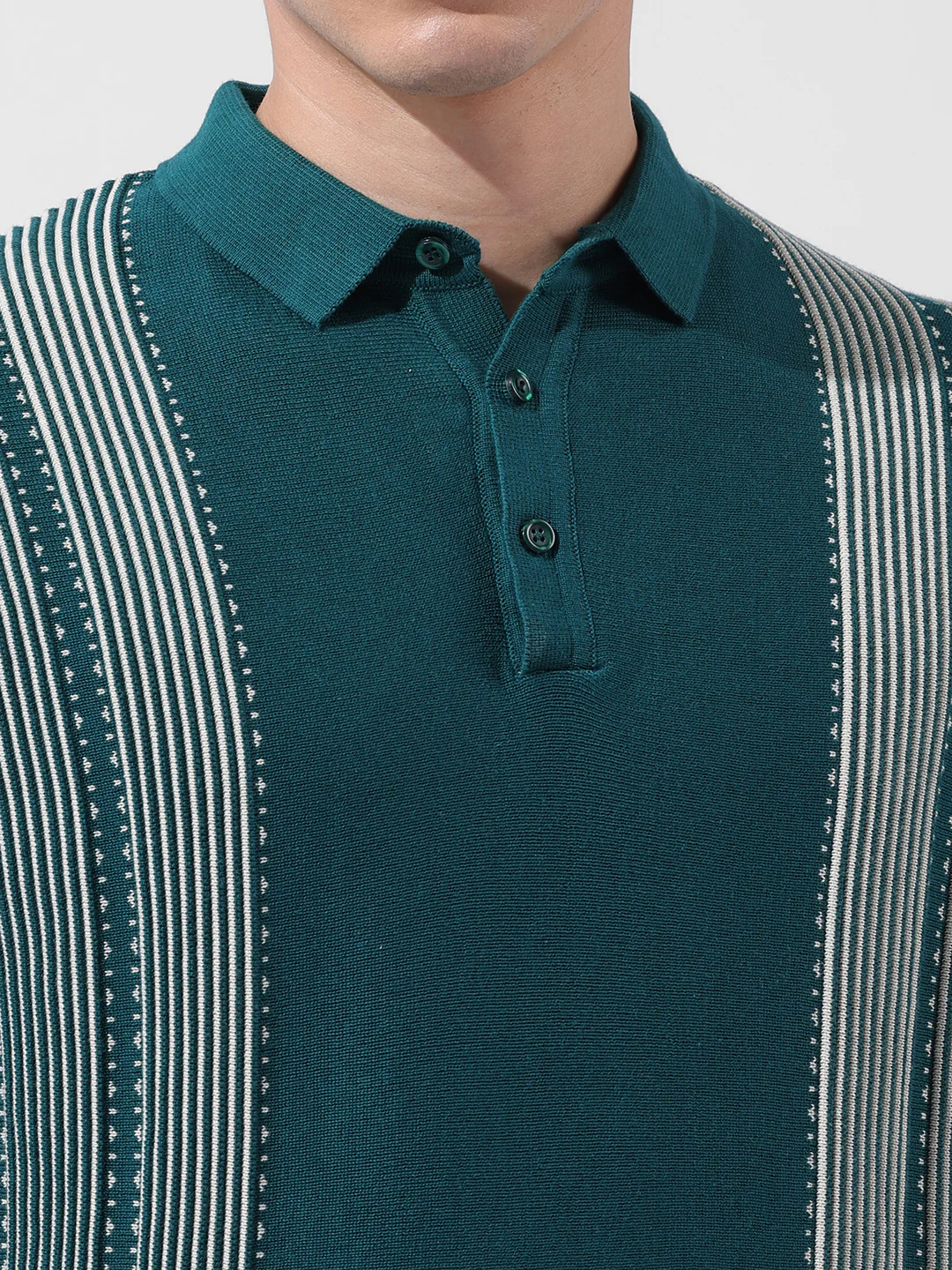 Men's Teal Slim Fit Striped Flat Knit T-Shirt - Image 3