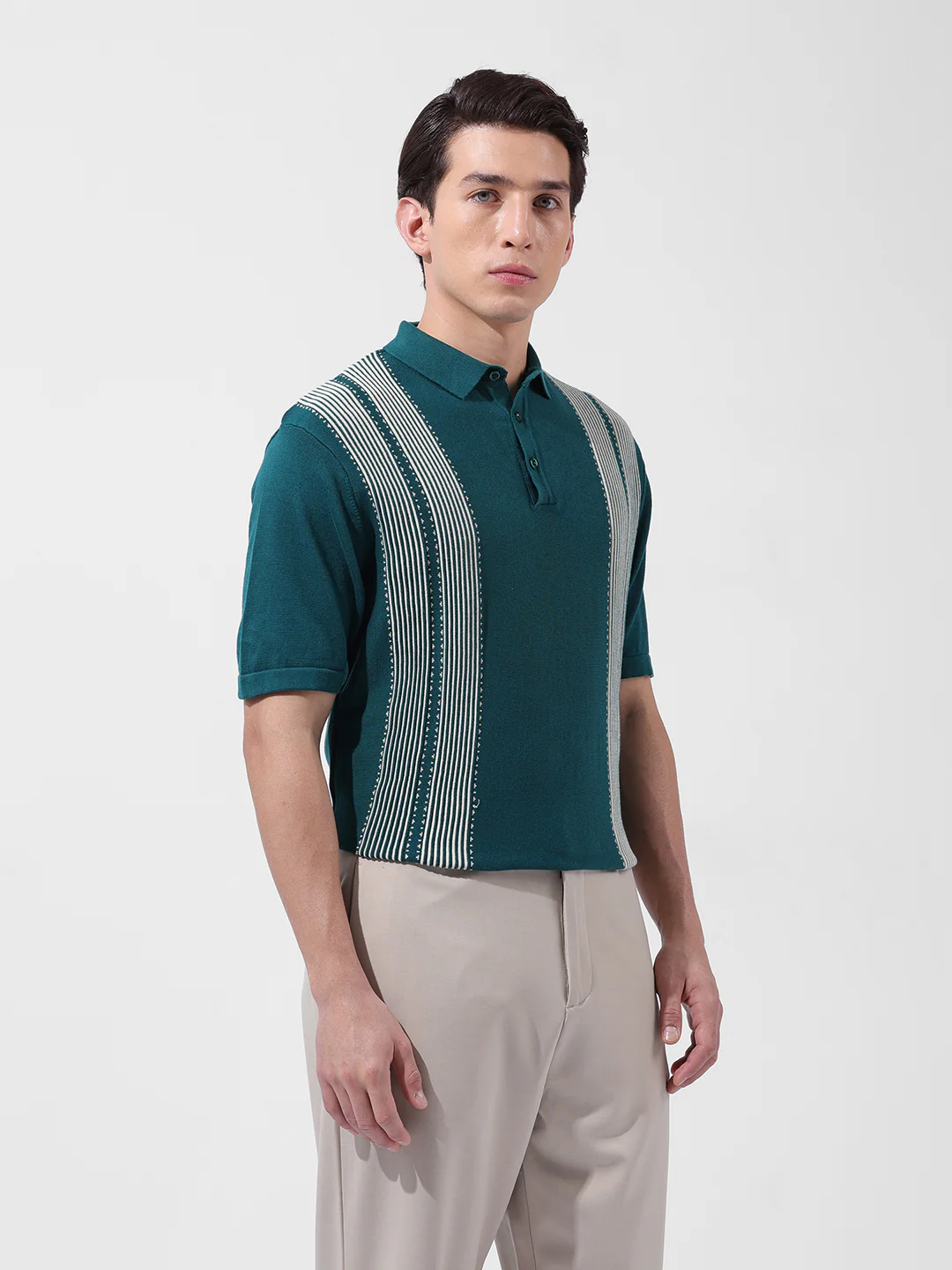 Men's Teal Slim Fit Striped Flat Knit T-Shirt - Image 4
