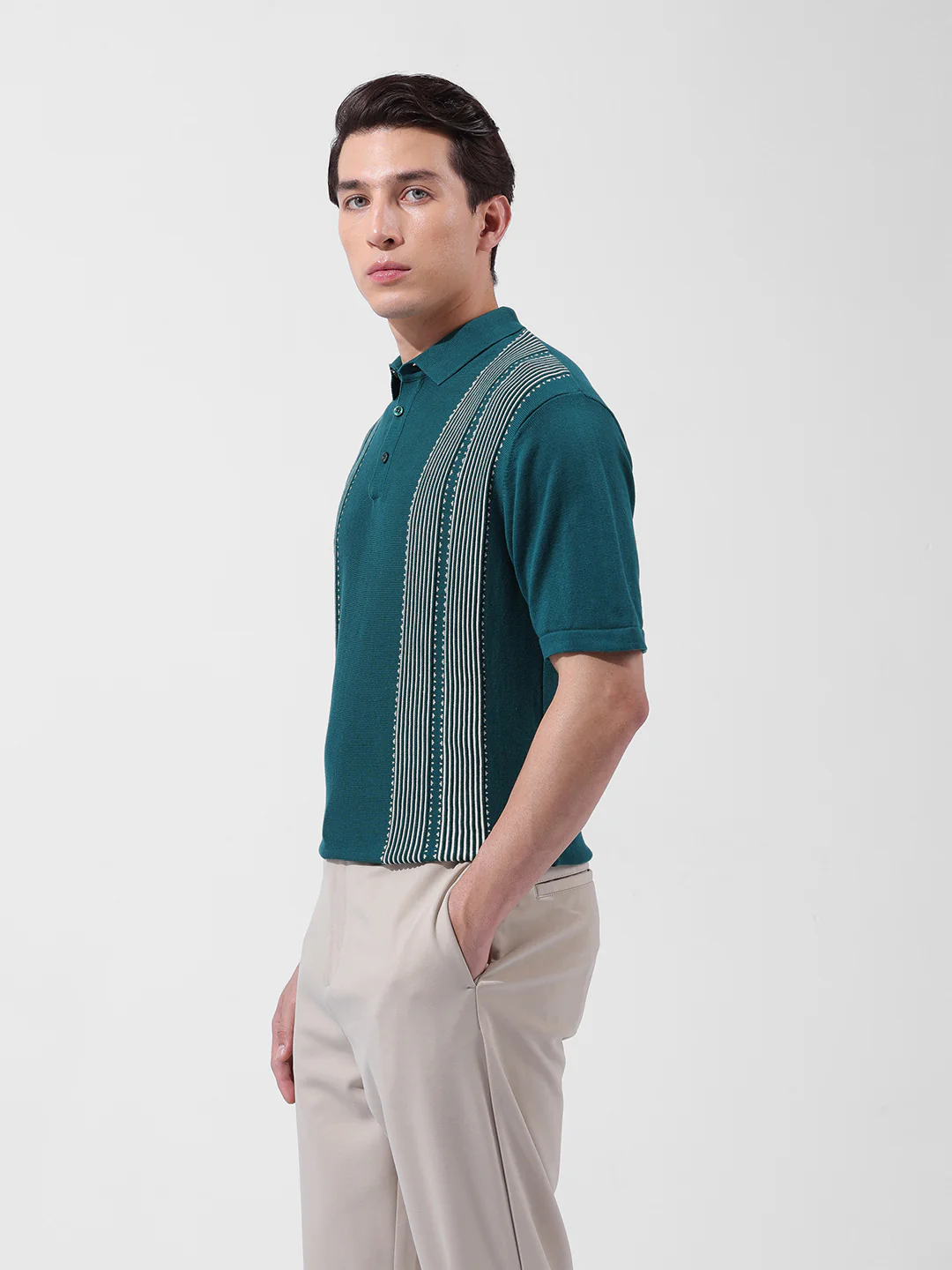 Men's Teal Slim Fit Striped Flat Knit T-Shirt - Image 5