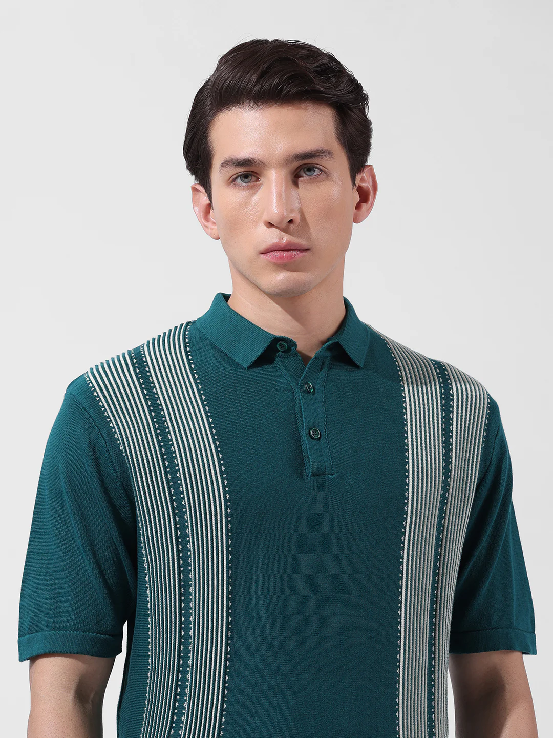 Men's Teal Slim Fit Striped Flat Knit T-Shirt - Image 6