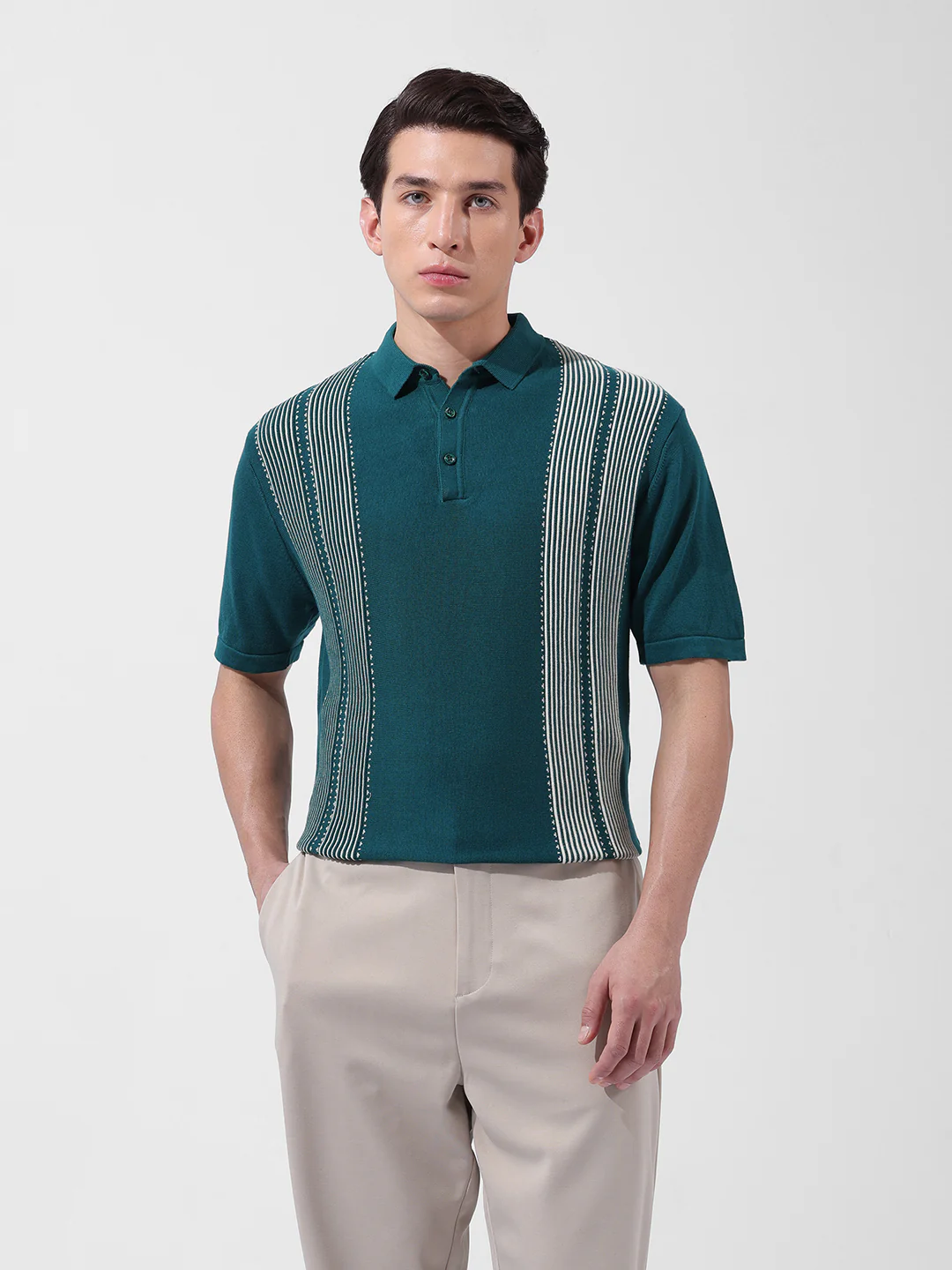 Men's Teal Slim Fit Striped Flat Knit T-Shirt - Image 7
