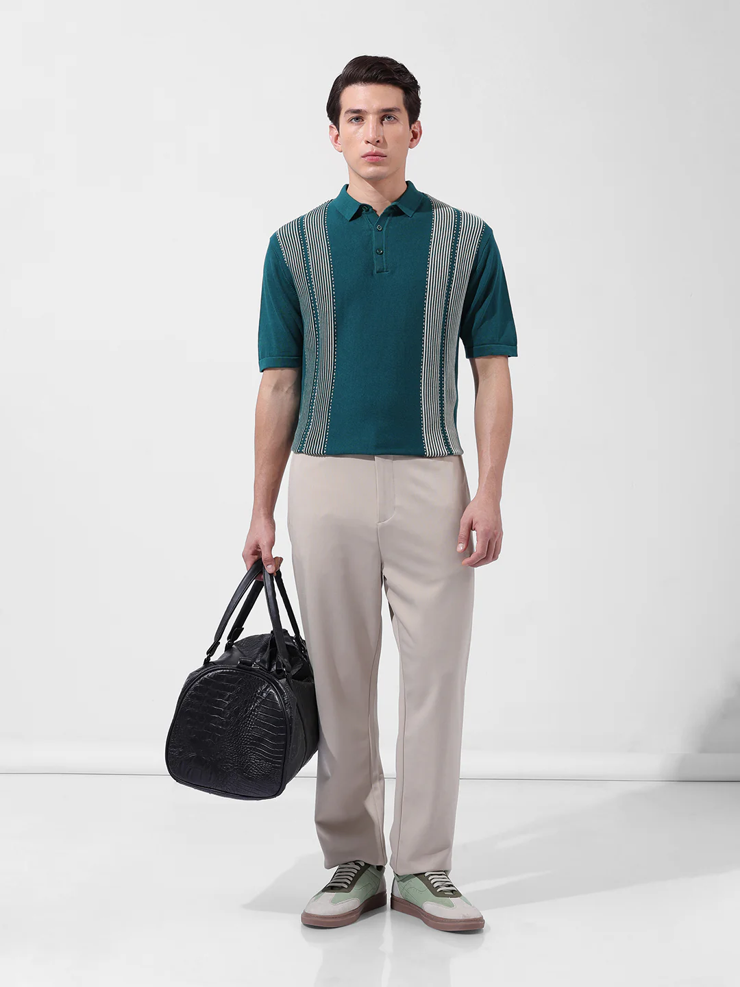 Men's Teal Slim Fit Striped Flat Knit T-Shirt - Image 8