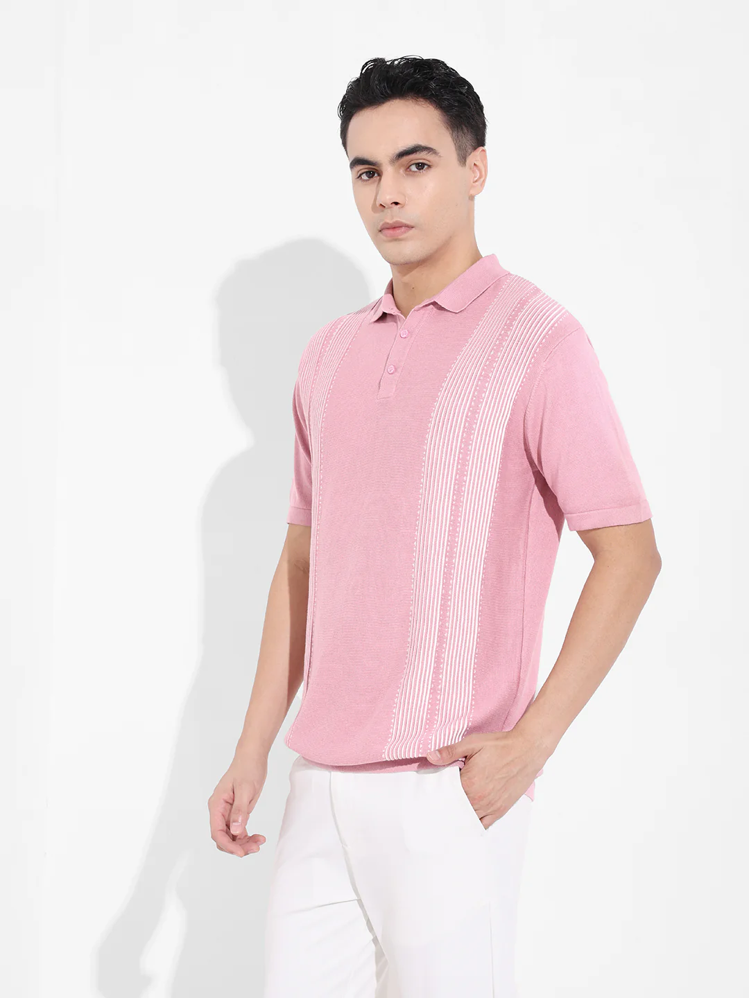 Men's Pink Slim Fit Striped Flat Knit T-Shirt - Image 2