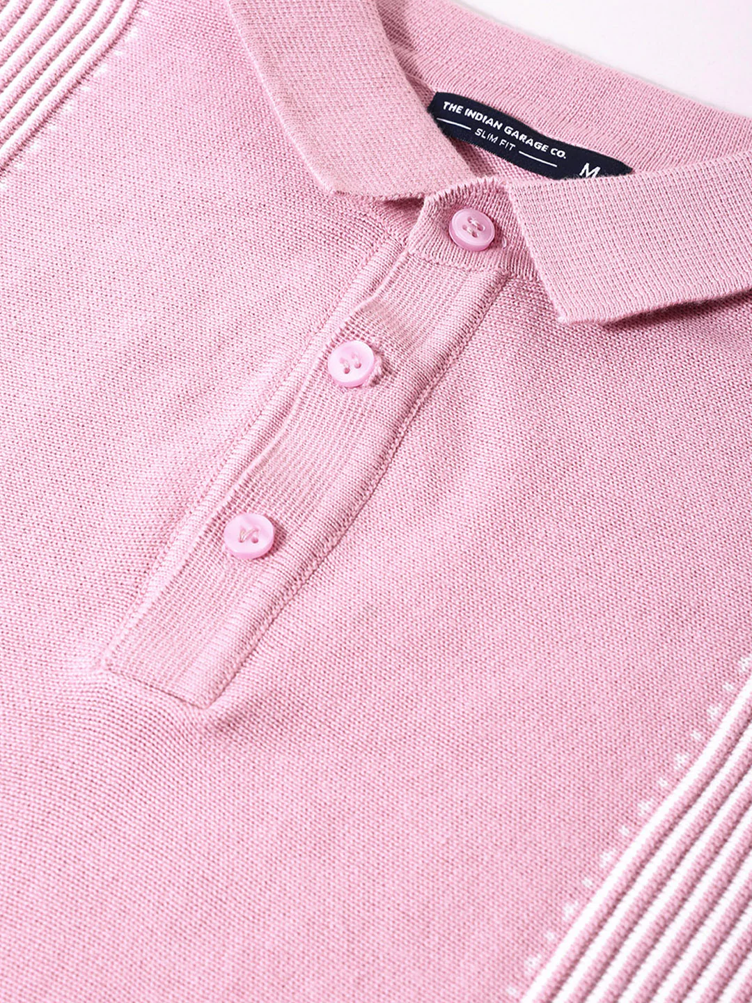 Men's Pink Slim Fit Striped Flat Knit T-Shirt - Image 3