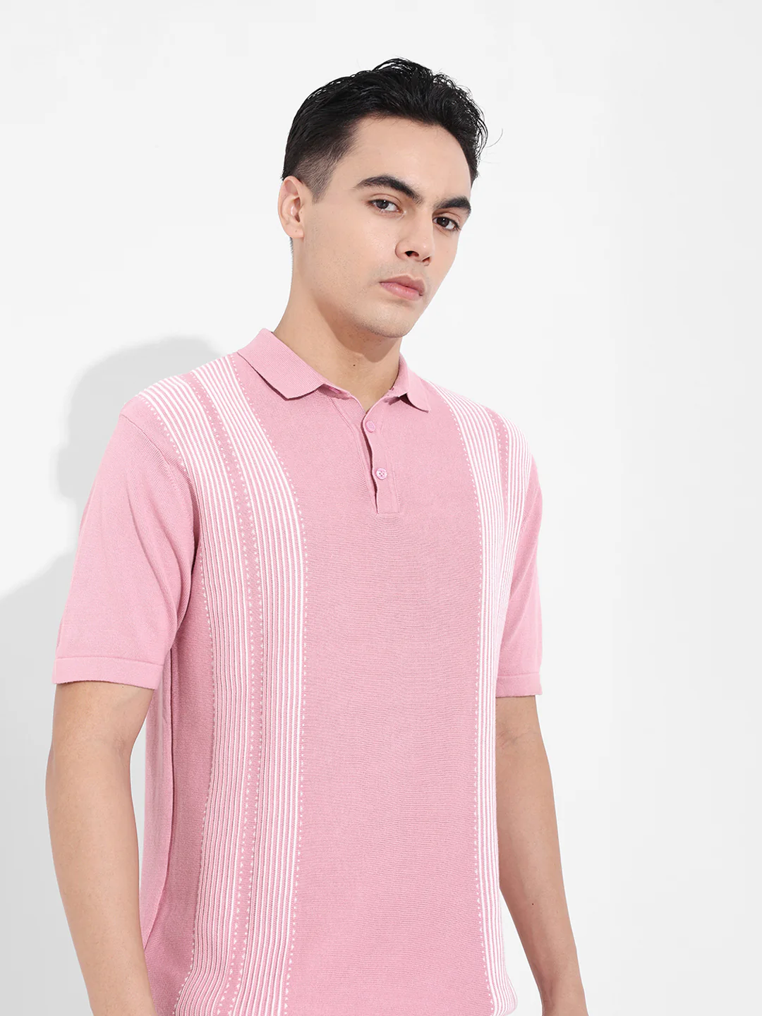 Men's Pink Slim Fit Striped Flat Knit T-Shirt - Image 4