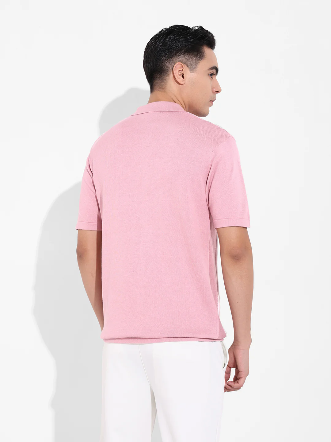 Men's Pink Slim Fit Striped Flat Knit T-Shirt - Image 5