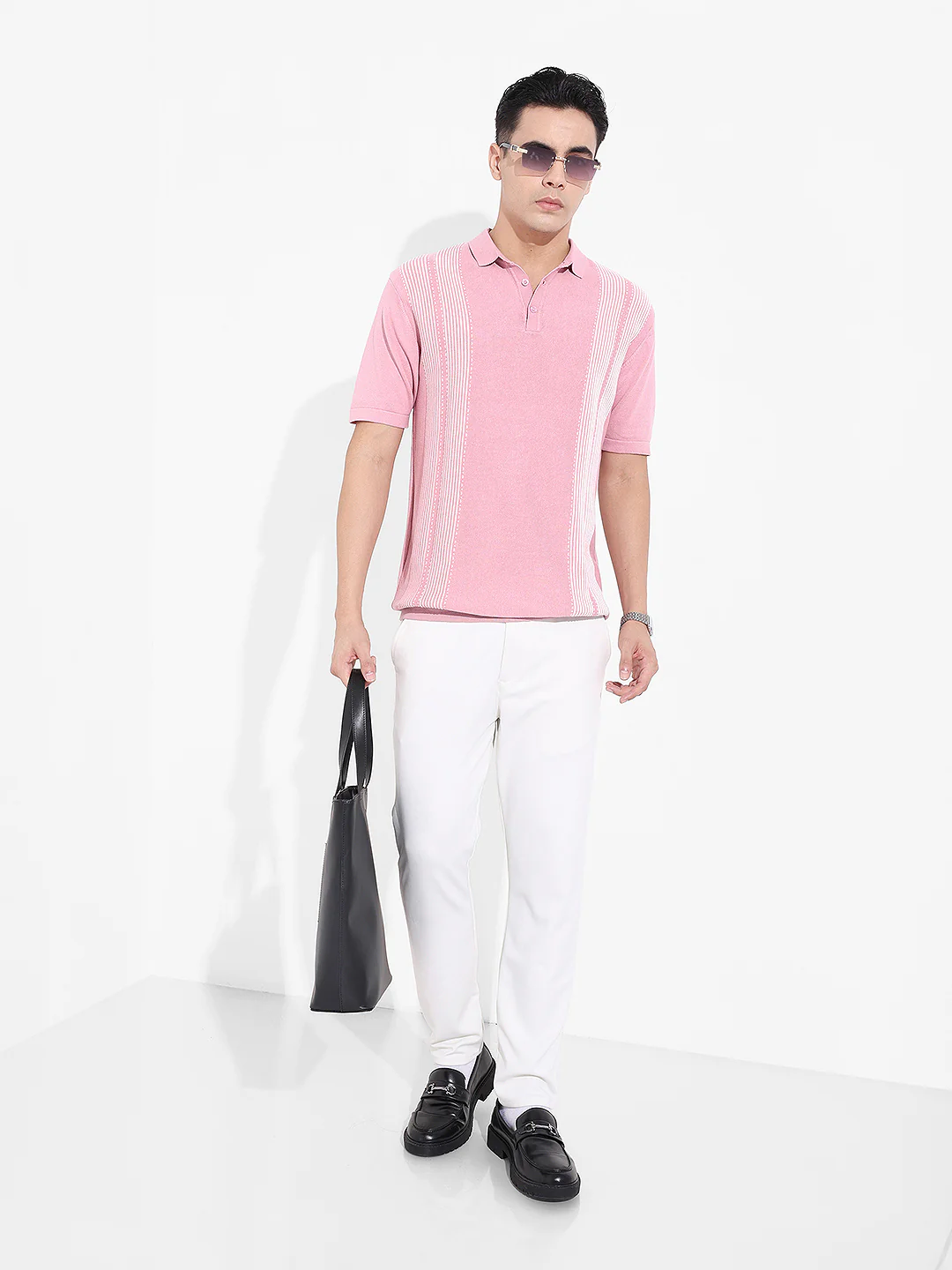 Men's Pink Slim Fit Striped Flat Knit T-Shirt - Image 6