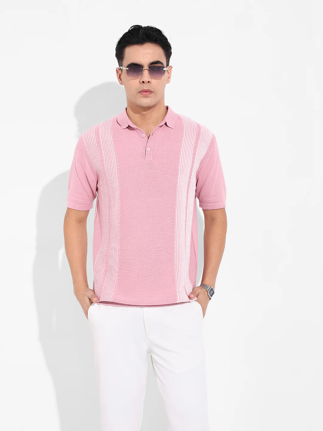 Men's Pink Slim Fit Striped Flat Knit T-Shirt - Image 8