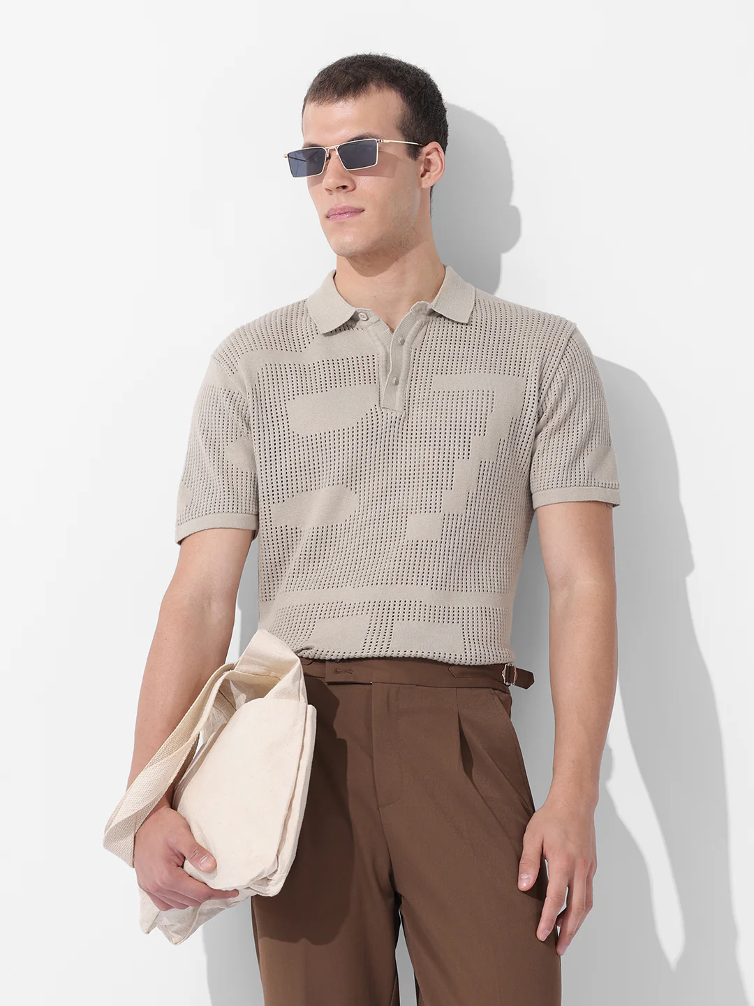 Men's Beige Slim Fit Solid Flat Knit T-Shirt - Image 2