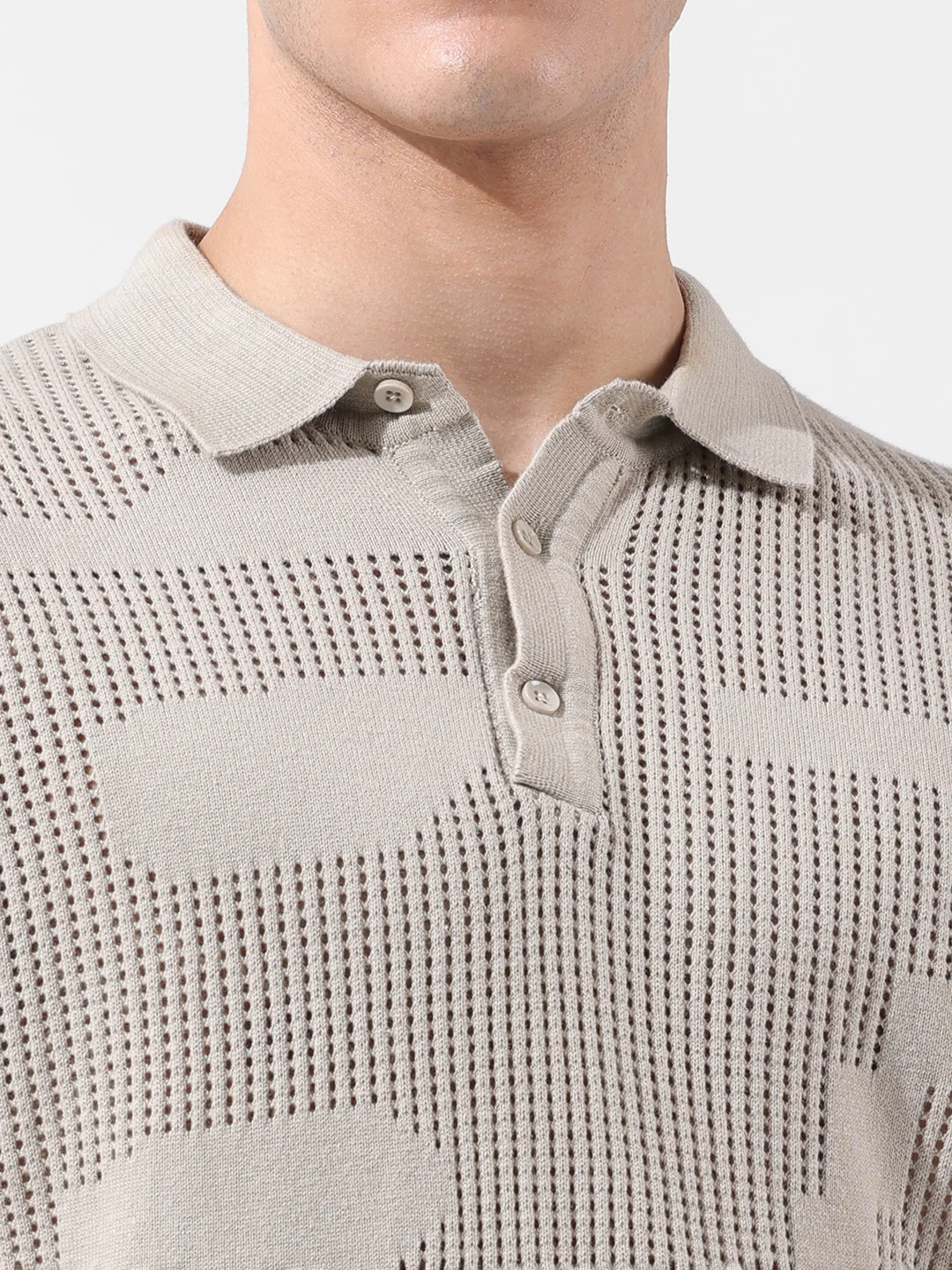Men's Beige Slim Fit Solid Flat Knit T-Shirt - Image 3