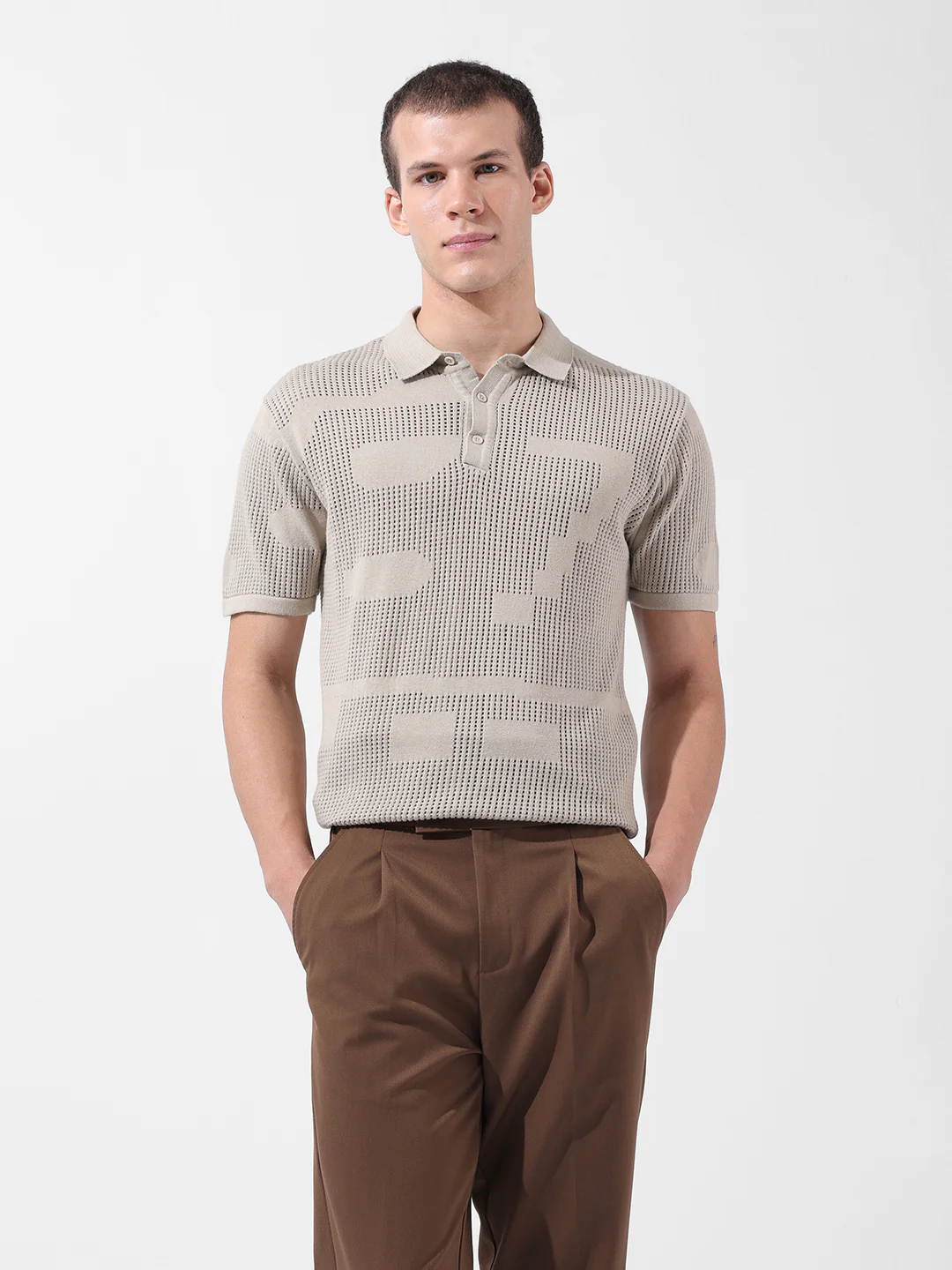 Men's Beige Slim Fit Solid Flat Knit T-Shirt - Image 8