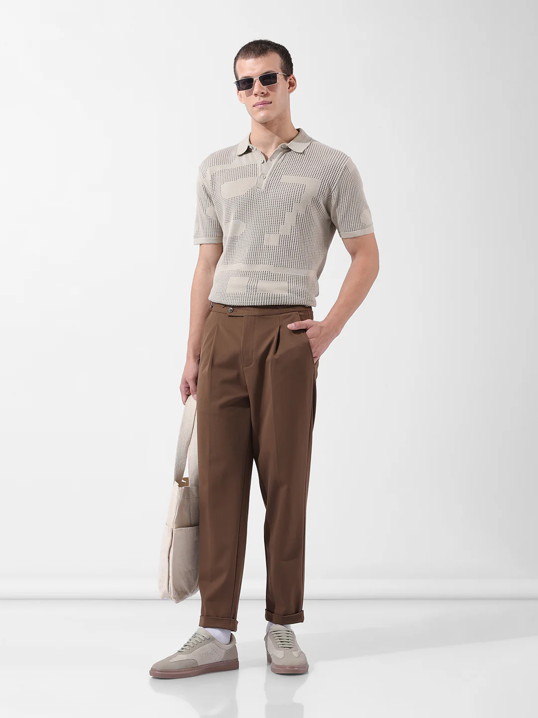 Men's Beige Slim Fit Solid Flat Knit T-Shirt - Image 9