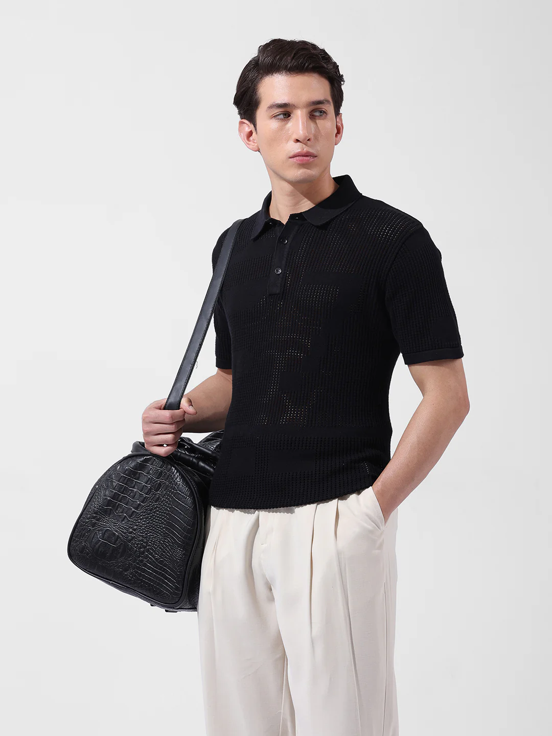 Men's Black Slim Fit Solid Flat Knit T-Shirt - Image 2