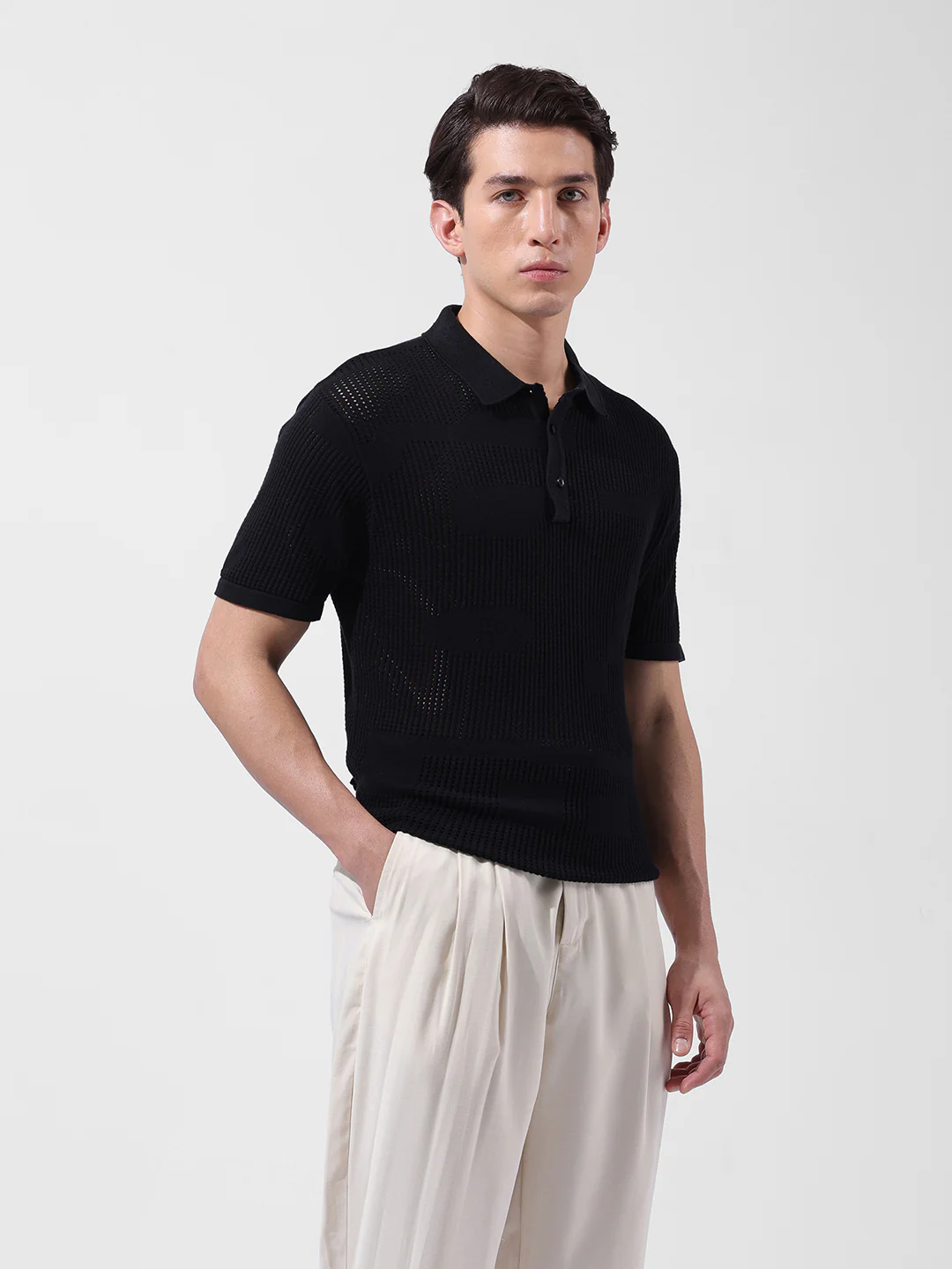 Men's Black Slim Fit Solid Flat Knit T-Shirt - Image 4