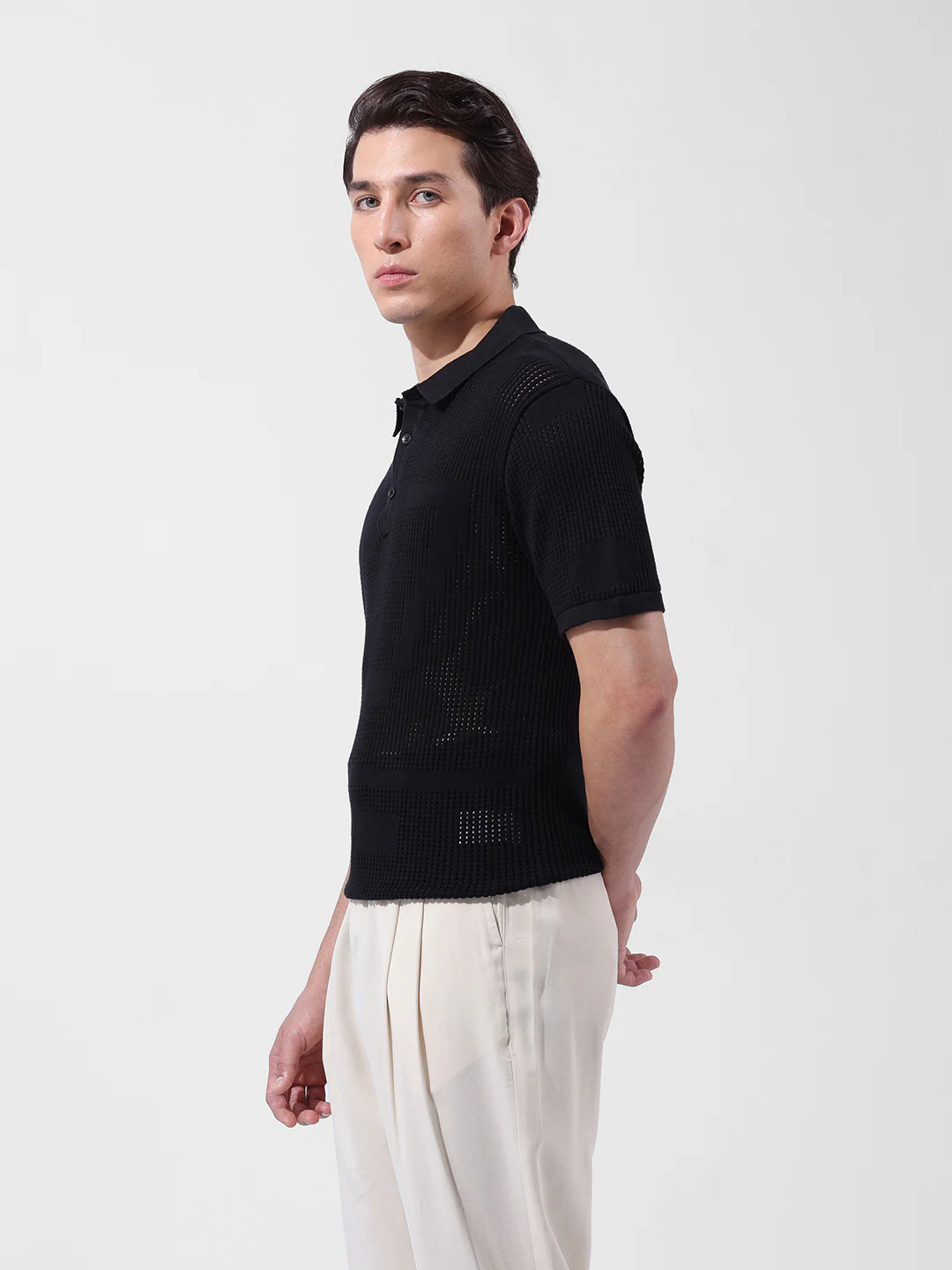 Men's Black Slim Fit Solid Flat Knit T-Shirt - Image 5