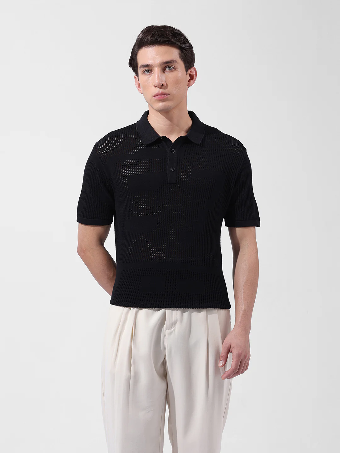 Men's Black Slim Fit Solid Flat Knit T-Shirt - Image 7