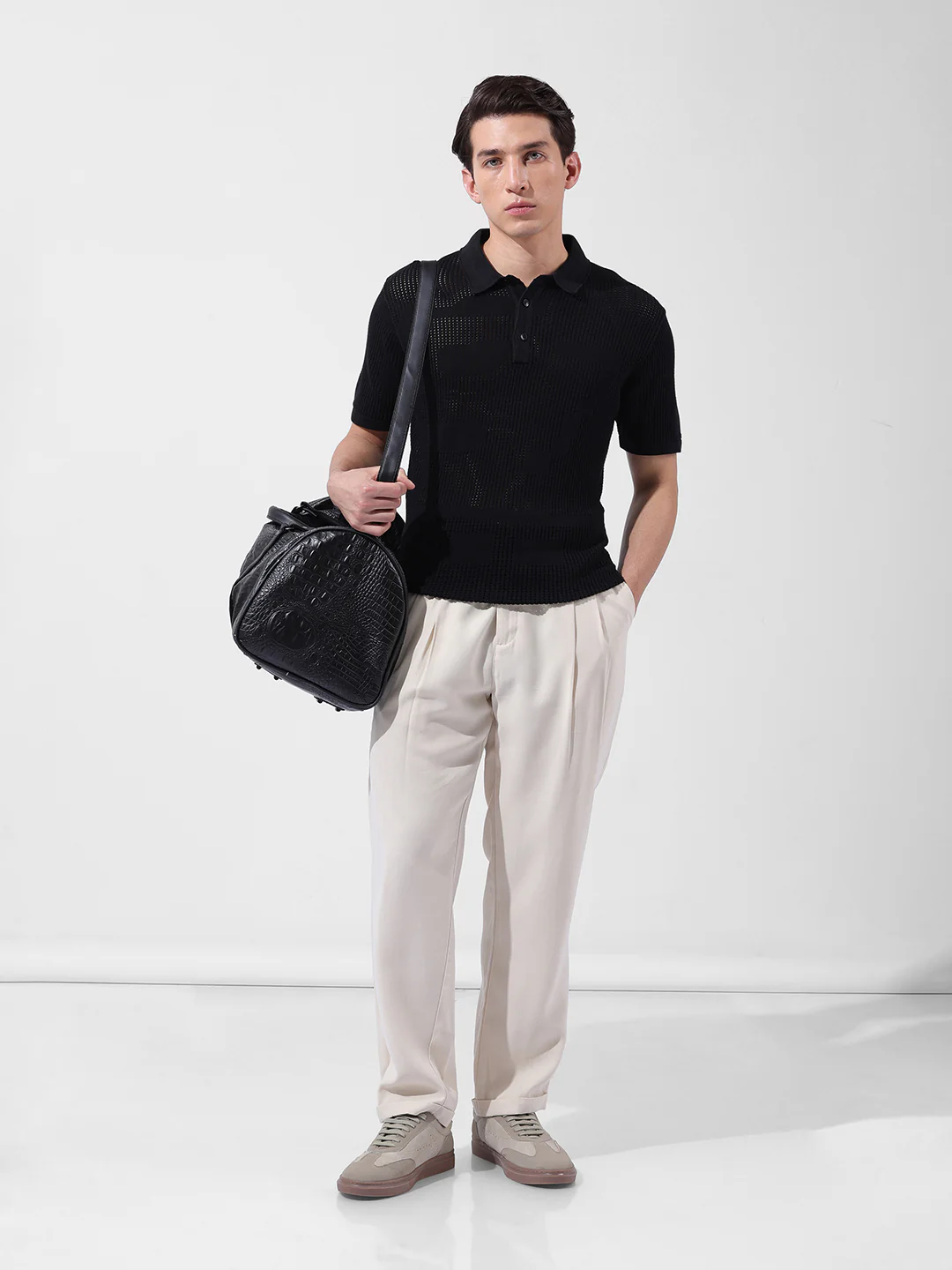 Men's Black Slim Fit Solid Flat Knit T-Shirt - Image 8