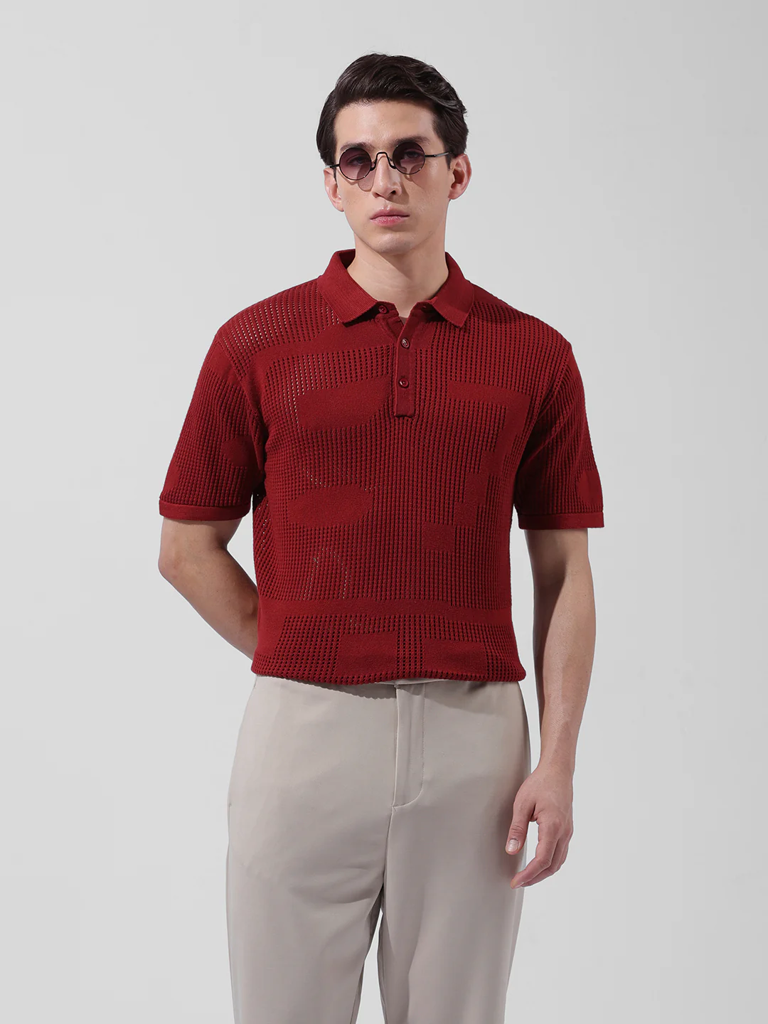Men's Maroon Slim Fit Striped Flat Knit T-Shirt - Image 2