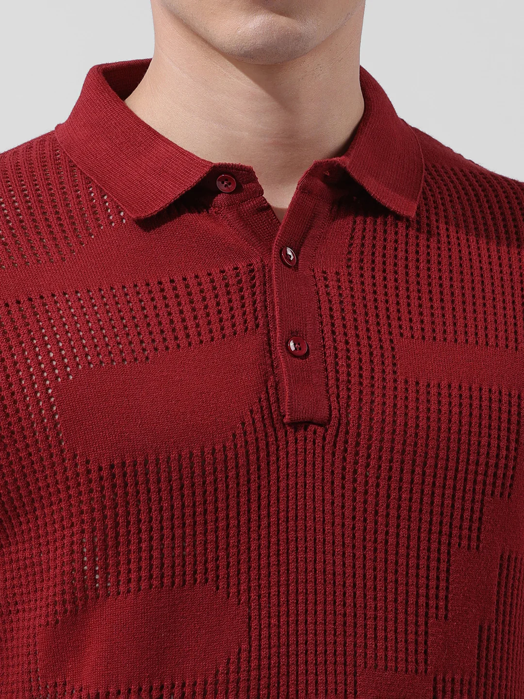Men's Maroon Slim Fit Striped Flat Knit T-Shirt - Image 3