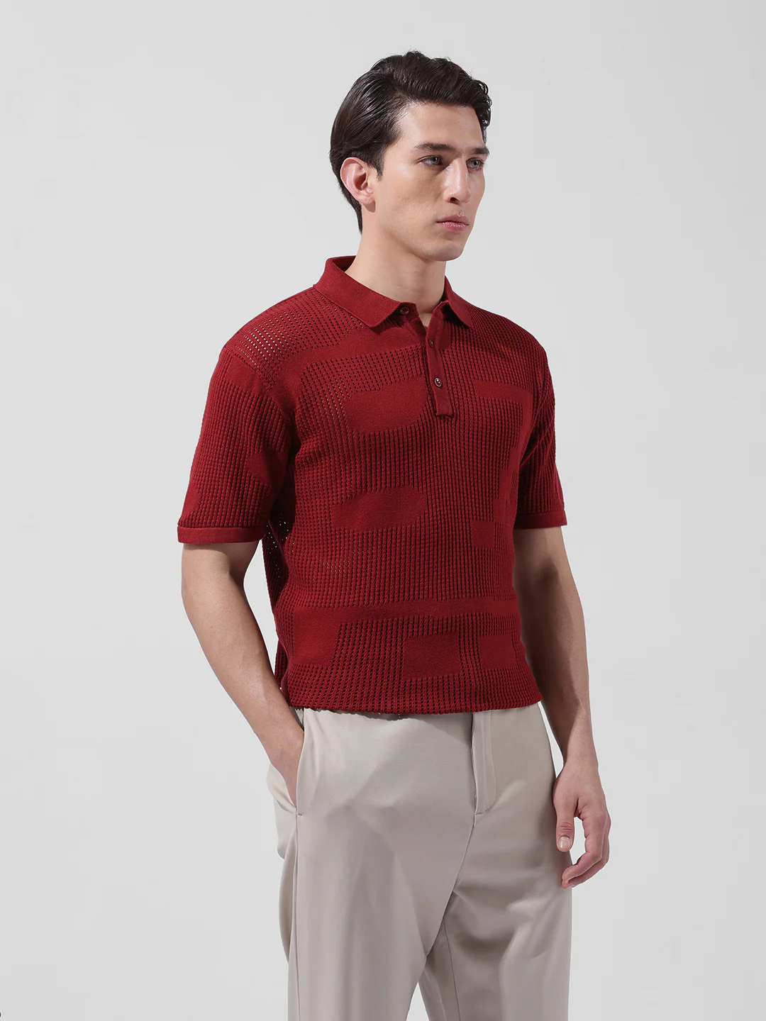 Men's Maroon Slim Fit Striped Flat Knit T-Shirt - Image 4