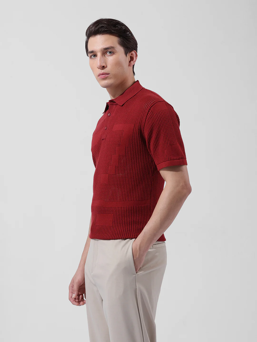 Men's Maroon Slim Fit Striped Flat Knit T-Shirt - Image 5