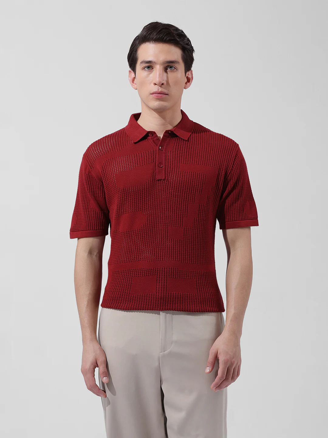 Men's Maroon Slim Fit Striped Flat Knit T-Shirt - Image 7