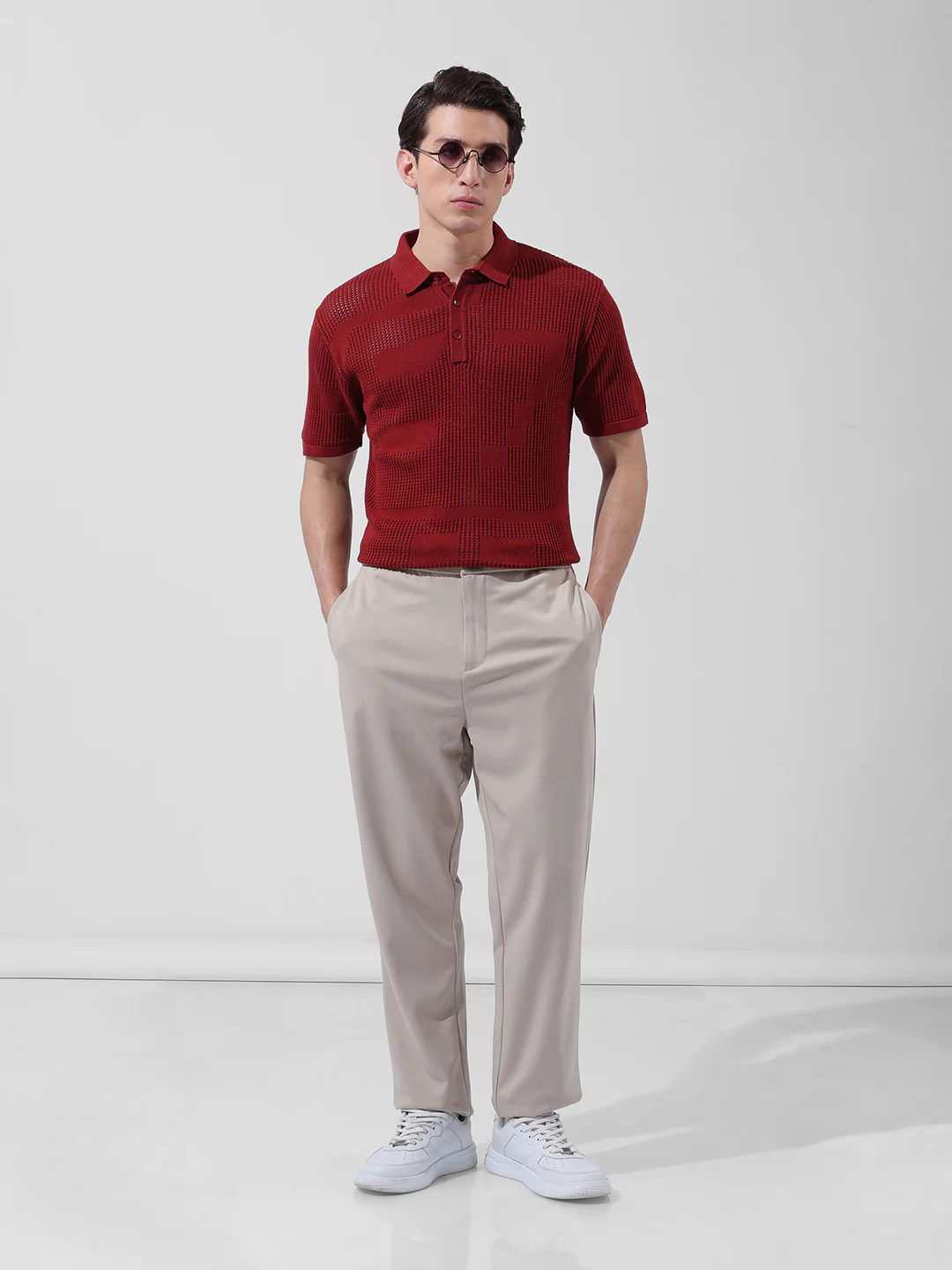 Men's Maroon Slim Fit Striped Flat Knit T-Shirt - Image 8