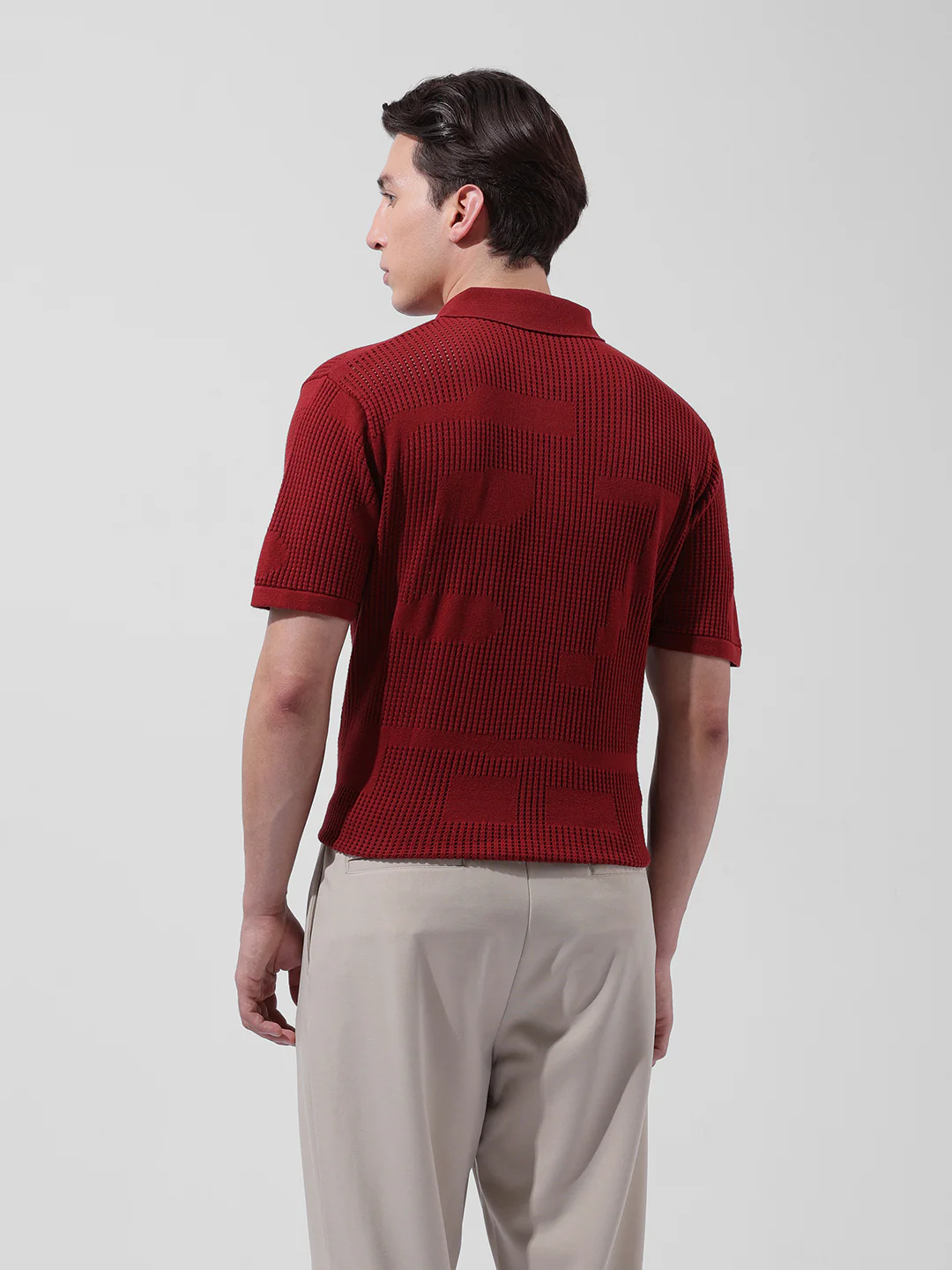 Men's Maroon Slim Fit Striped Flat Knit T-Shirt - Image 9