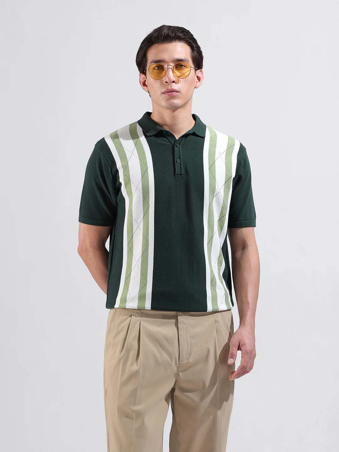Men's Green Slim Fit Striped Flat Knit T-Shirt - Image 2