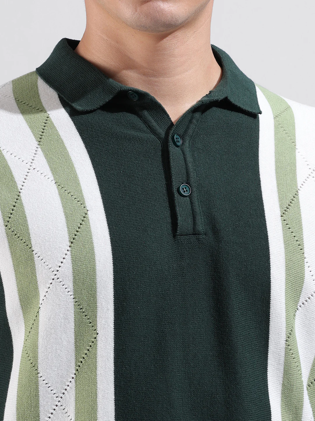 Men's Green Slim Fit Striped Flat Knit T-Shirt - Image 3