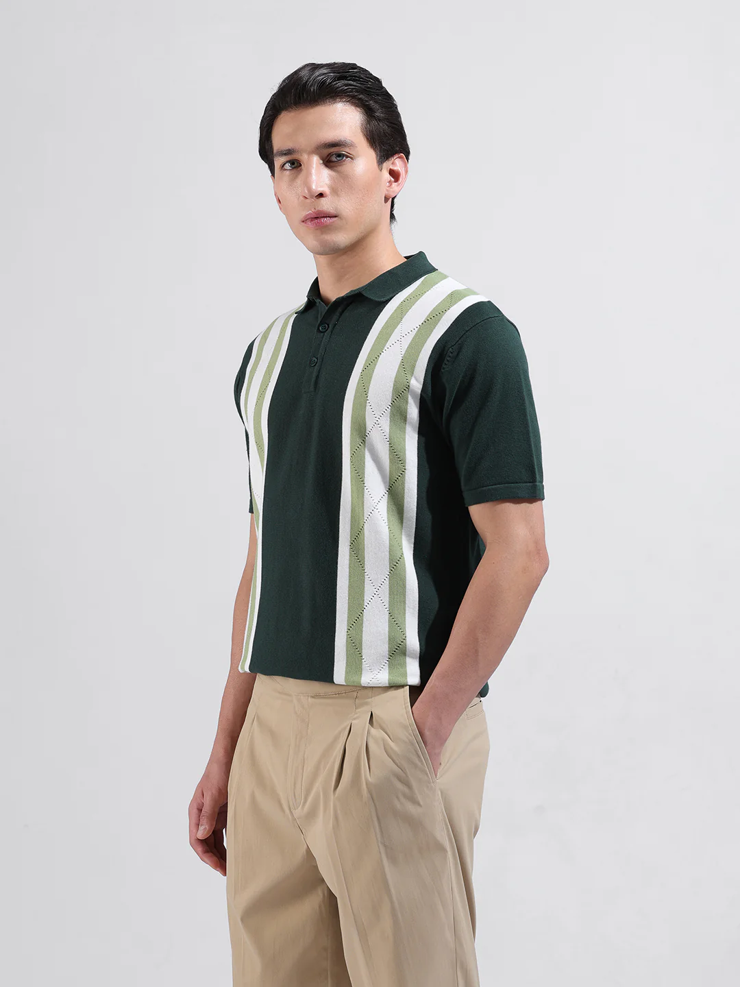 Men's Green Slim Fit Striped Flat Knit T-Shirt - Image 4