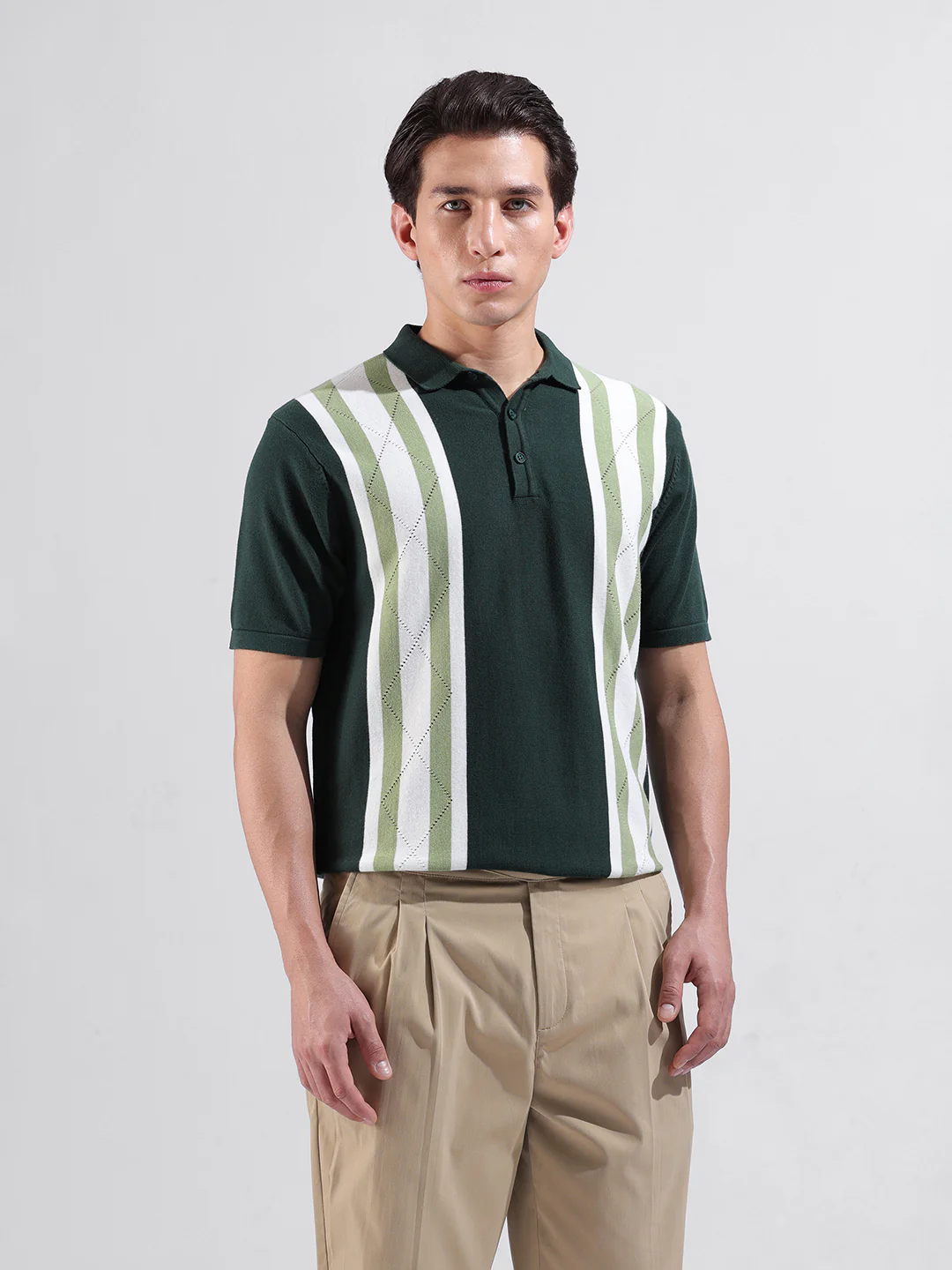 Men's Green Slim Fit Striped Flat Knit T-Shirt - Image 5
