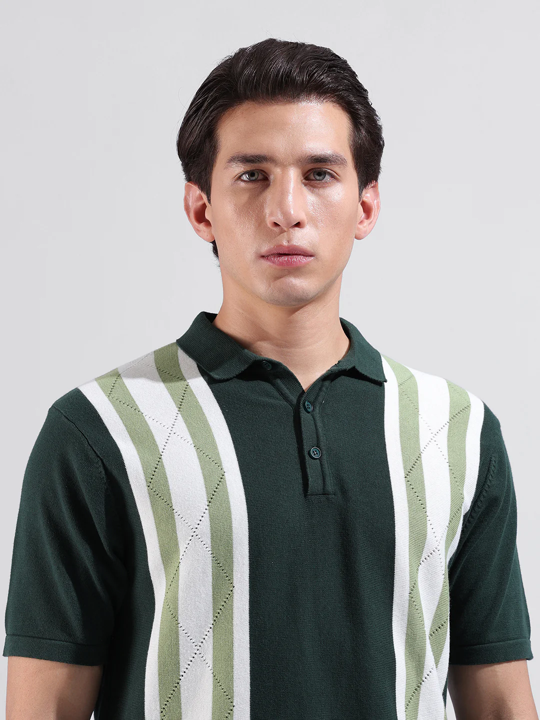 Men's Green Slim Fit Striped Flat Knit T-Shirt - Image 6