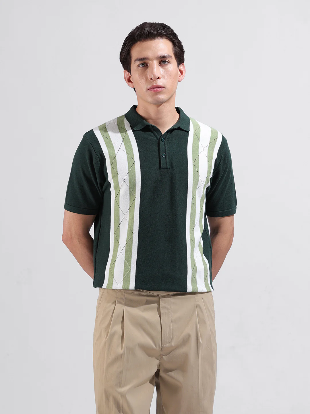 Men's Green Slim Fit Striped Flat Knit T-Shirt - Image 9