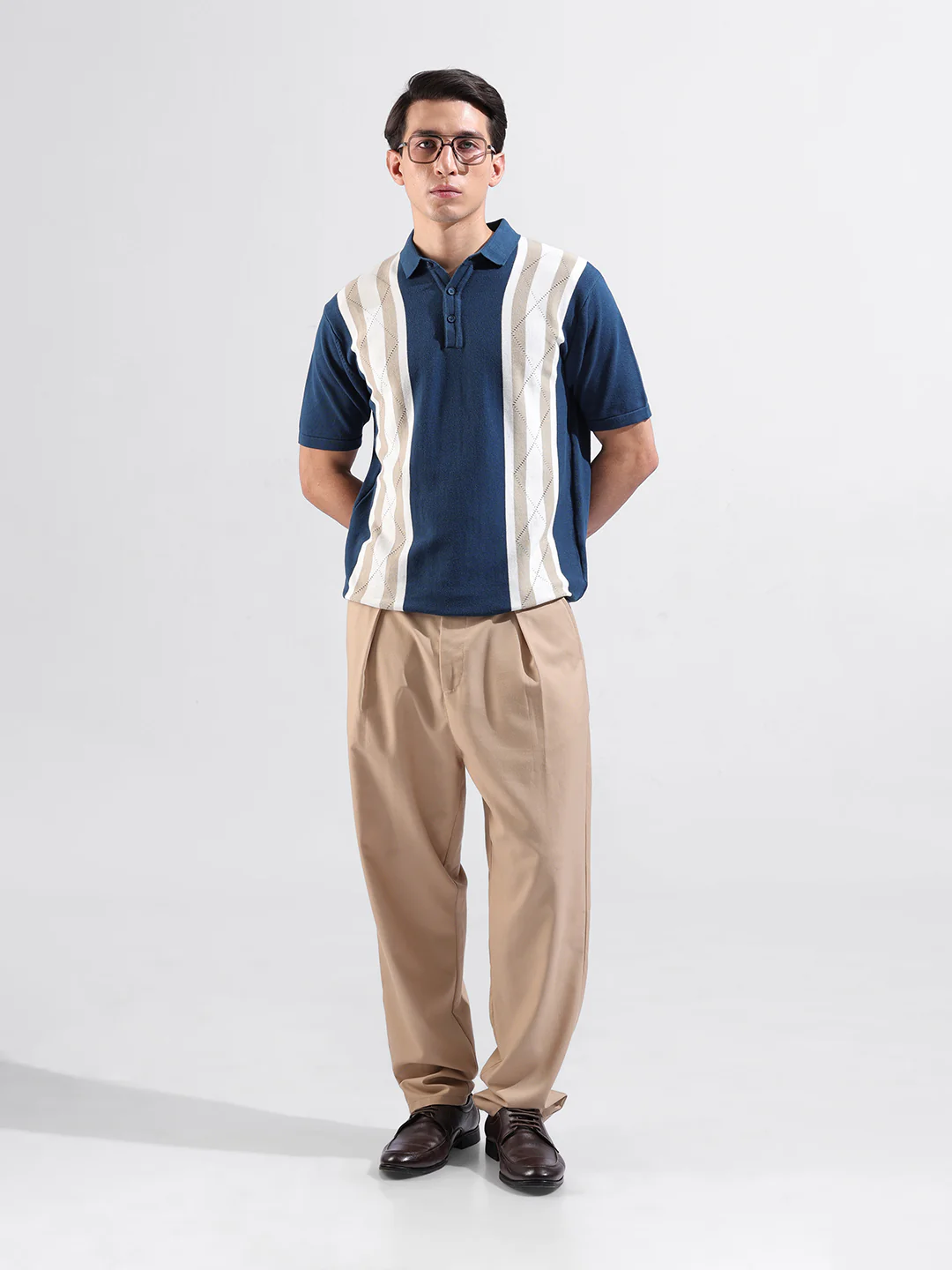 Men's Blue Slim Fit Colourblocked Flat Knit T-Shirt - Image 6