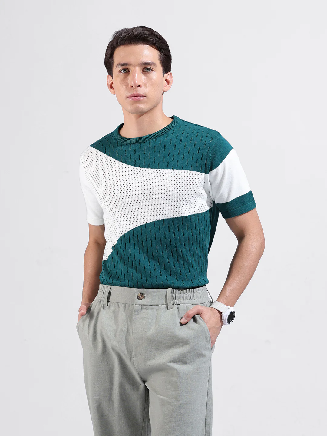 Men's Teal Slim Fit Solid Flat Knit T-Shirt - Image 2