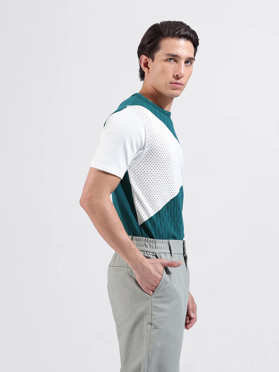 Men's Teal Slim Fit Solid Flat Knit T-Shirt - Image 4