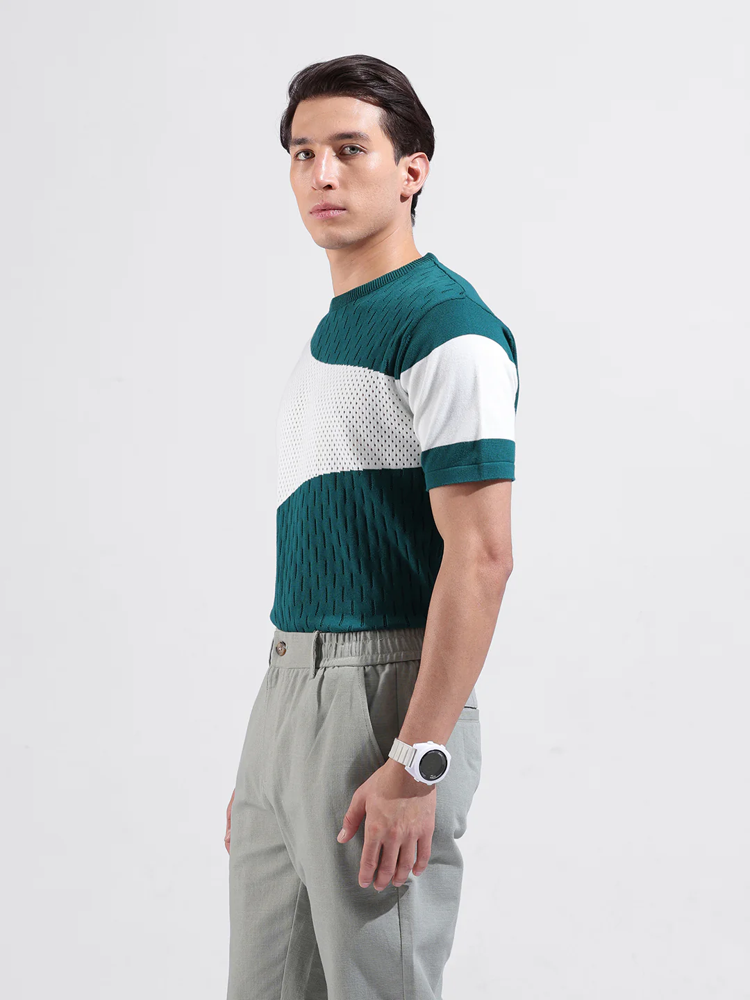Men's Teal Slim Fit Solid Flat Knit T-Shirt - Image 5