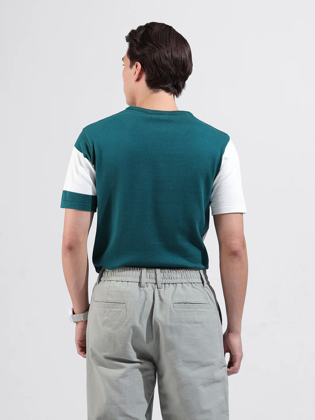Men's Teal Slim Fit Solid Flat Knit T-Shirt - Image 6