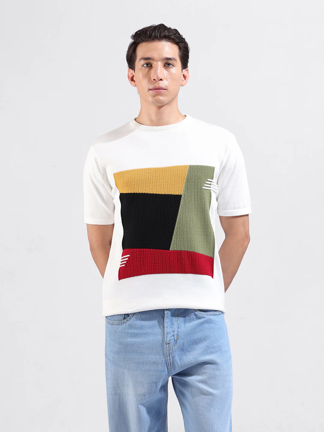 Men's White Slim Fit Colourblocked Flat Knit T-Shirt - Image 2