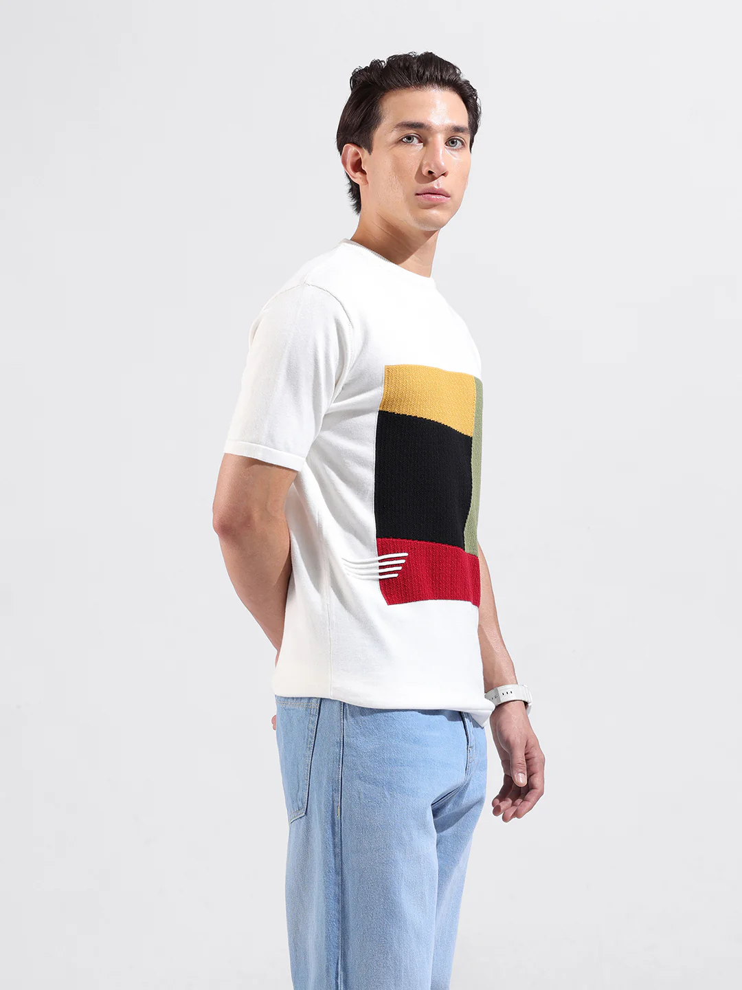 Men's White Slim Fit Colourblocked Flat Knit T-Shirt - Image 5