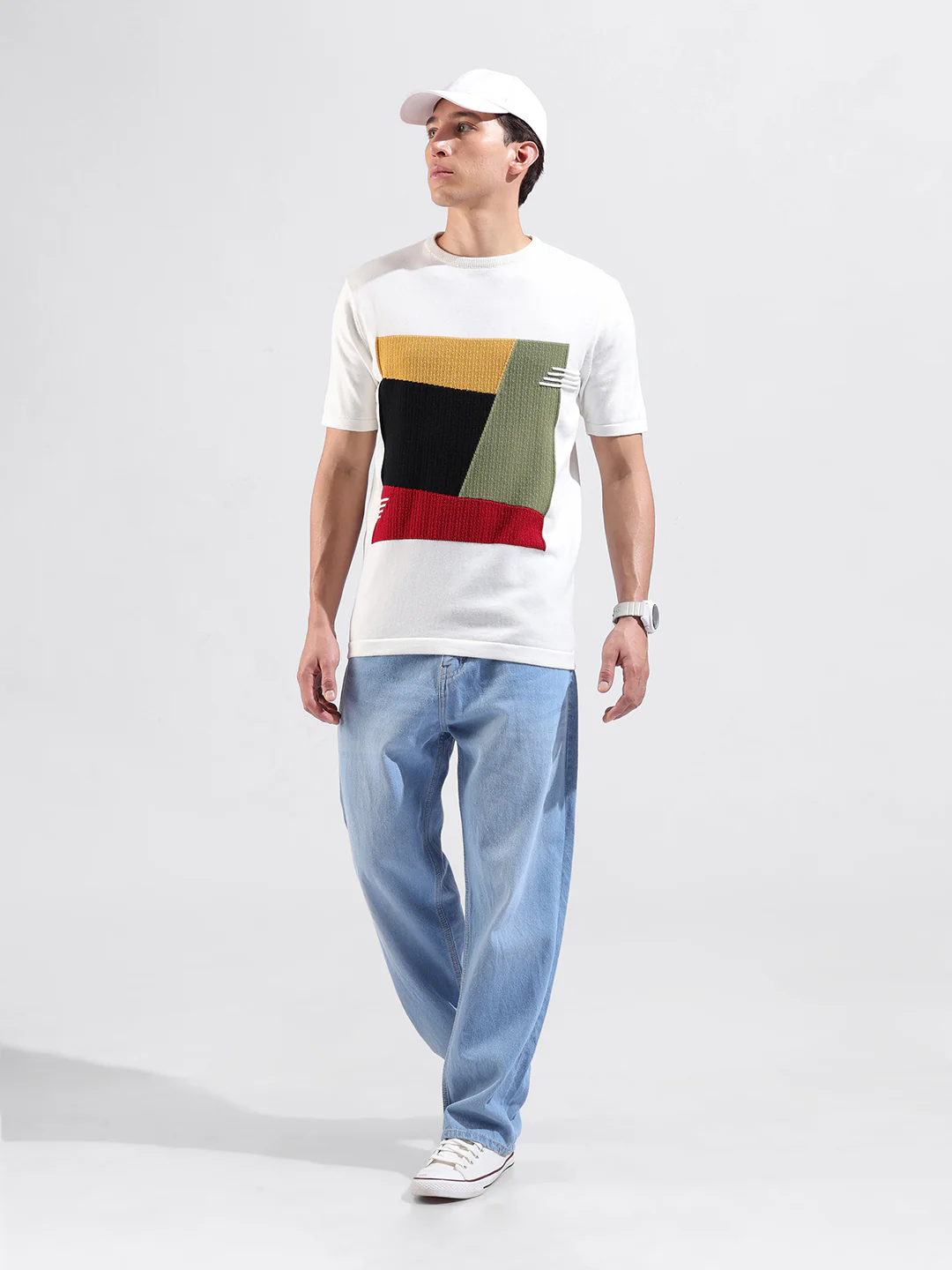Men's White Slim Fit Colourblocked Flat Knit T-Shirt - Image 6