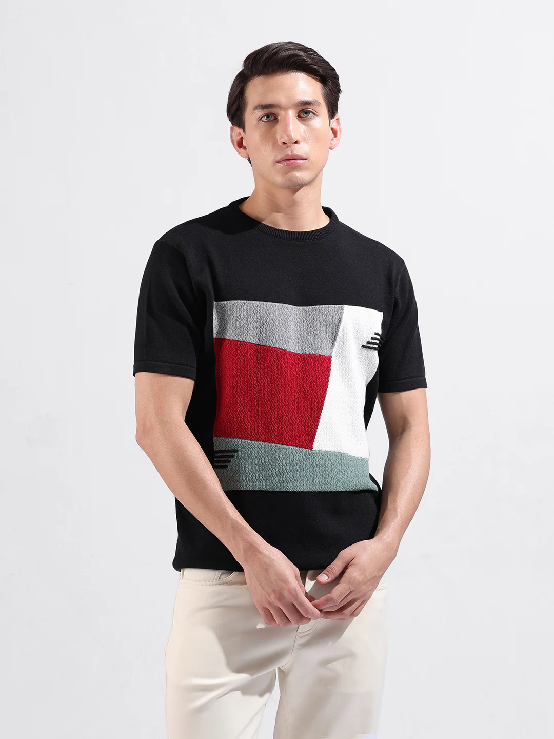 Men's Black Slim Fit Striped Flat Knit Crew Neck T-Shirt - Image 2